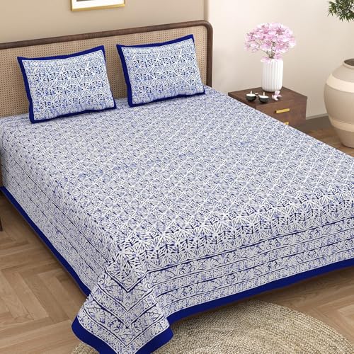 Image of Opulent Collection Double Bedsheet with 2 Pillow Cover | 100% Cotton Bedsheets for Double Bed | Handloom Bedsheet | Size 86x90 inches | King Size (90X102 Inches) (Catalina Blue, King)