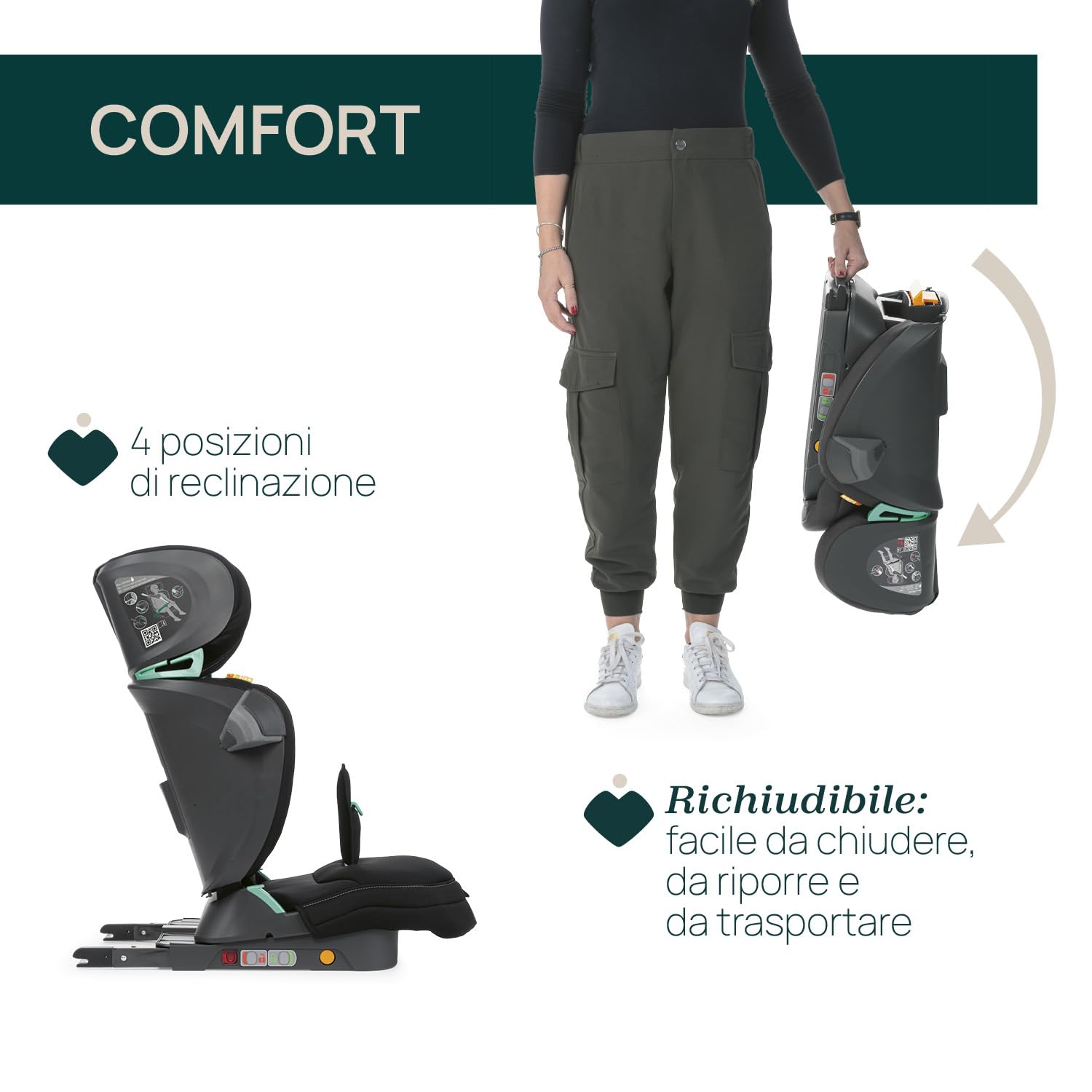 Chicco Fold&Go I-Size Seggiolino Auto 15-36 kg con Connettori Rigidi ISOFIX, Bambini 3-12 Anni, Reclinabile e Pieghevole, Protezione Laterale, Altezza e Larghezza Regolabili, Nero