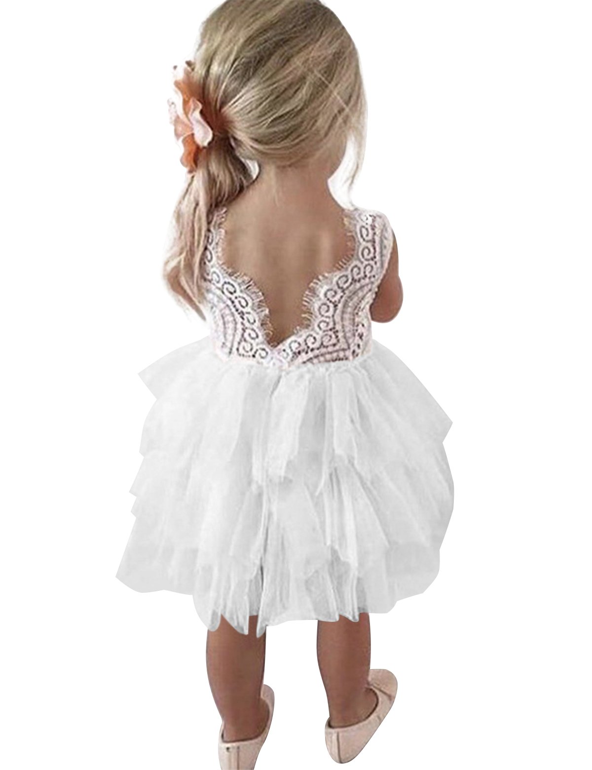 NNJXD Vestido de Fiesta Manga Larga de Chica sin Espalda de una línea de Encaje en Espalda con tutú Tul de Flor