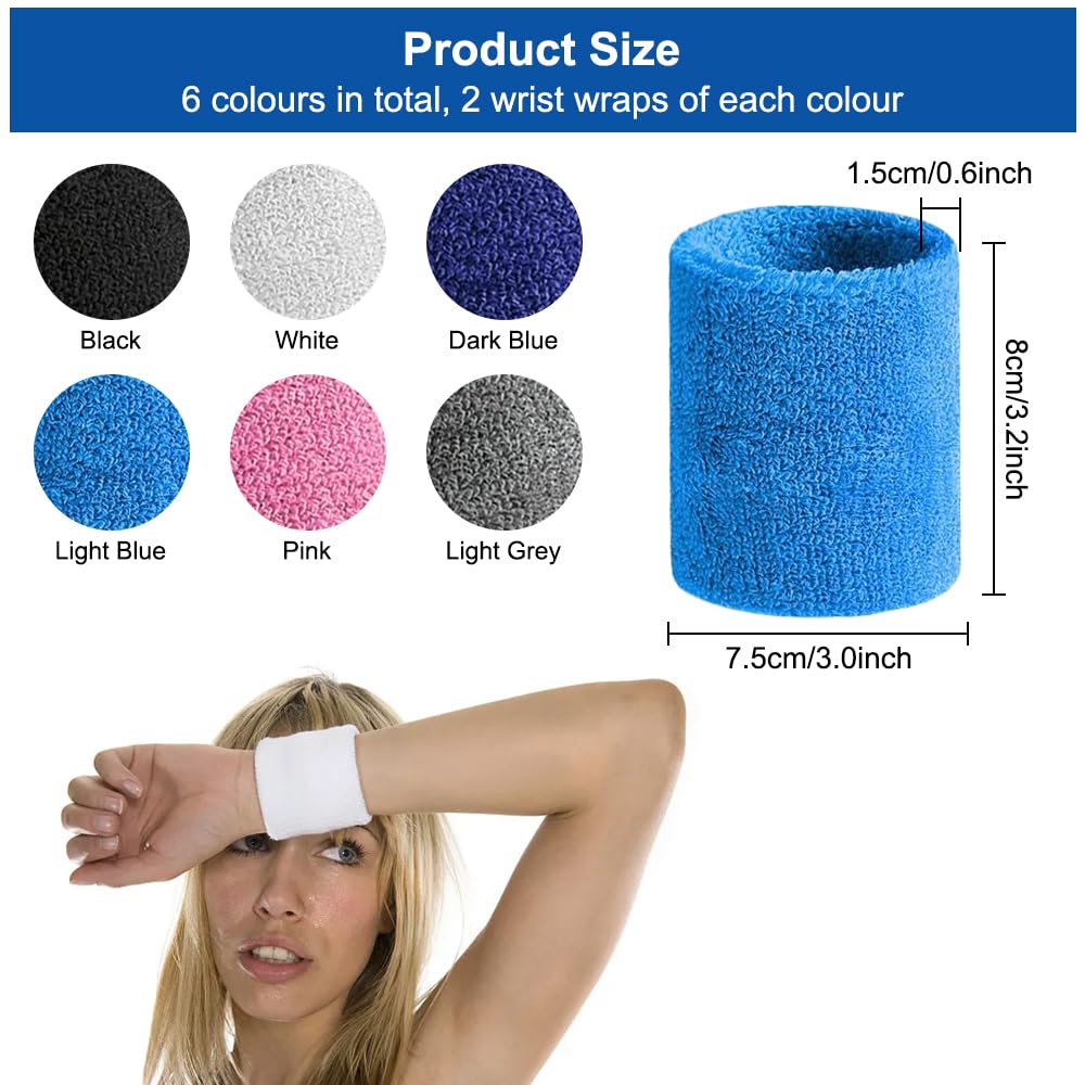 Set di 12 Polsino Sportivo Elastici per Tennis Ginnastica, Calcio, Basket | 3.2 x 3.0 Inch Polsini Tergisudore in Cotone Morbido e Spesso Traspirante Adatto a Ragazzi, Ragazze e Edulti (Colorato)
