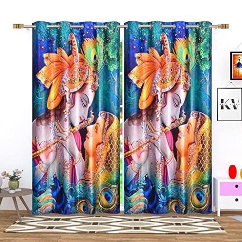 Image of 3D Digital Printed Heavy Fabric Radha Krishna God Design Curtains for Pooja Room, Temple, Home, 4x5 feet, Set of 2 Pcs