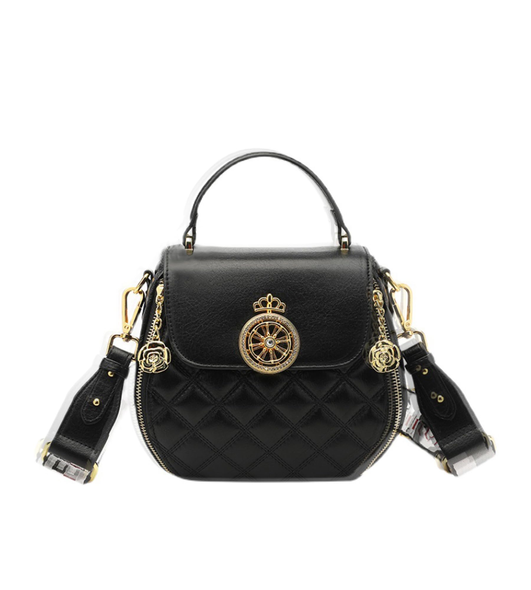 Sweetovo Small Leather Top Handle Handbag for Women Quilted Satchel Purse Crossbody Shoulder Bag with Wide Adjustable Strap