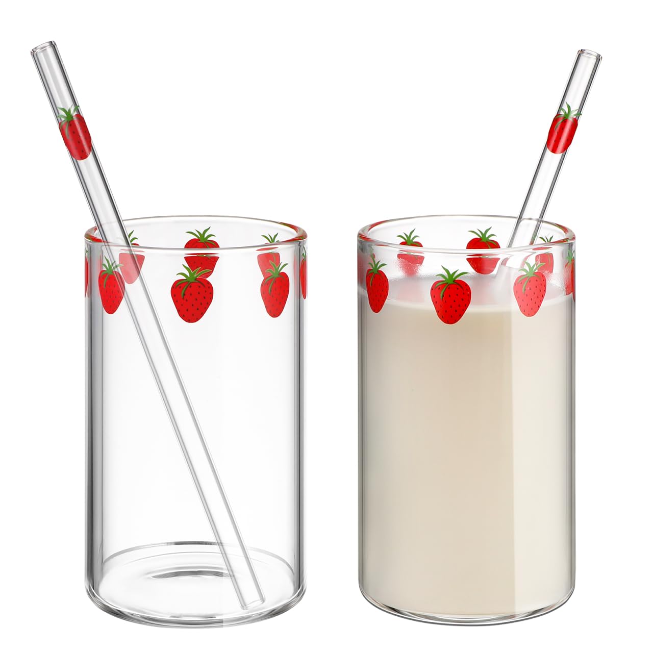 Set Di 2 Bicchieri Di Trasparente Con Motivi Di Fragola E Cannucce 300Ml Ideale Per Bevande a Casa E Ufficio