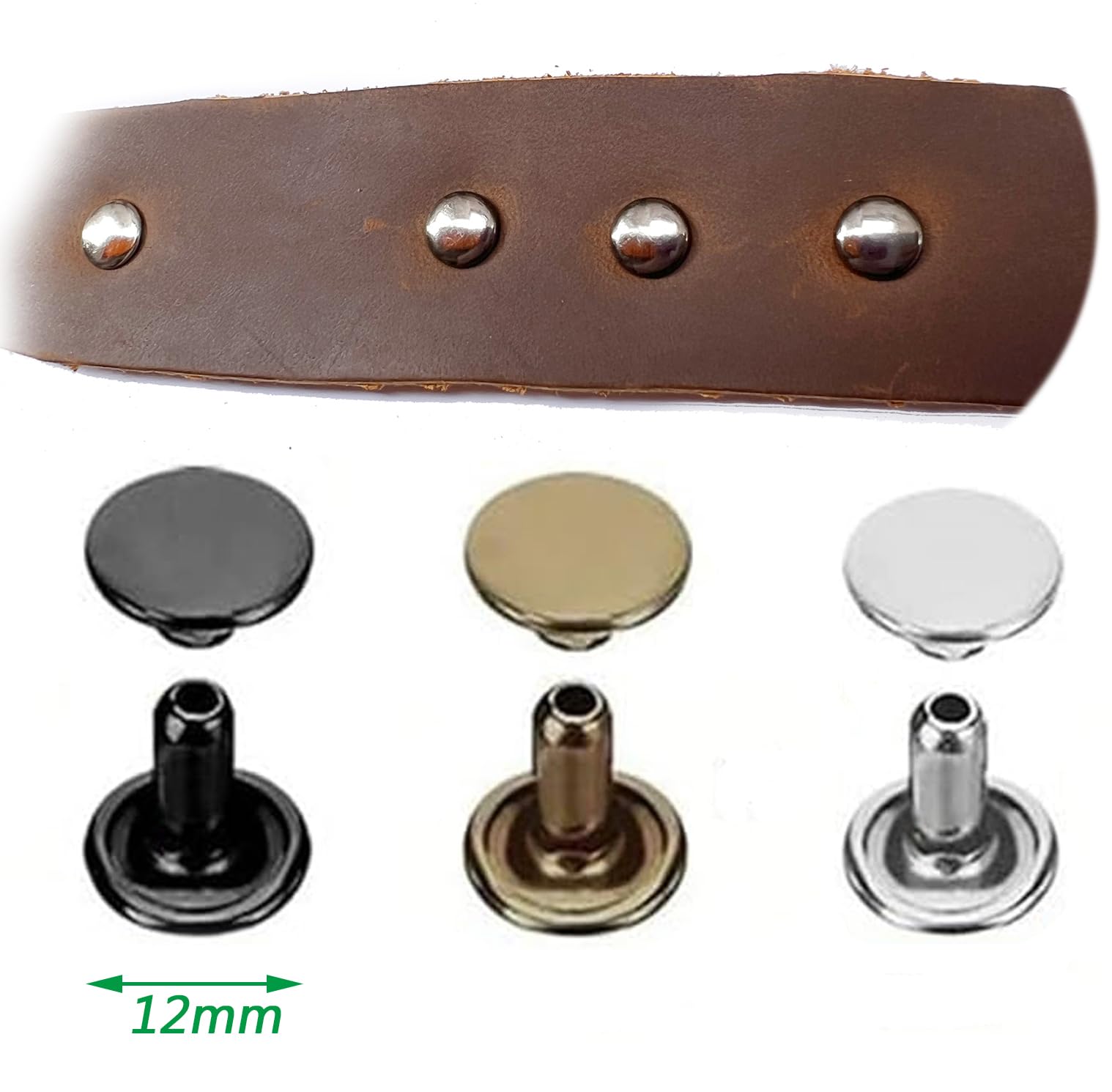 RERI Set di borchie in pelle con pinza, 12 mm, in metallo, doppio tappo a pressione, per lavori fai da te, riparazione fai da te