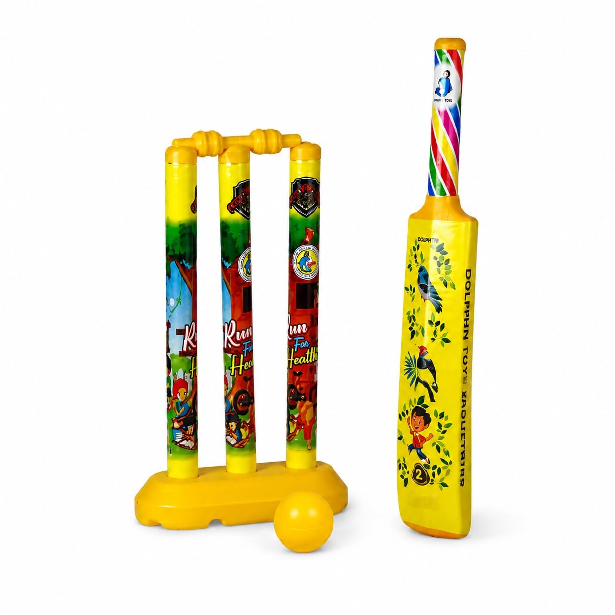 Dolphin Toys Premium Plastic Cricket Set for Kids Size 2 | Complete 7-Piece Outdoor Sports Game Kit Includes 1 Illustrated Bat, 3 Stumps, 2 Bails, 1 Ball & Base | Perfect for Toddlers & Beginners.-picture-26