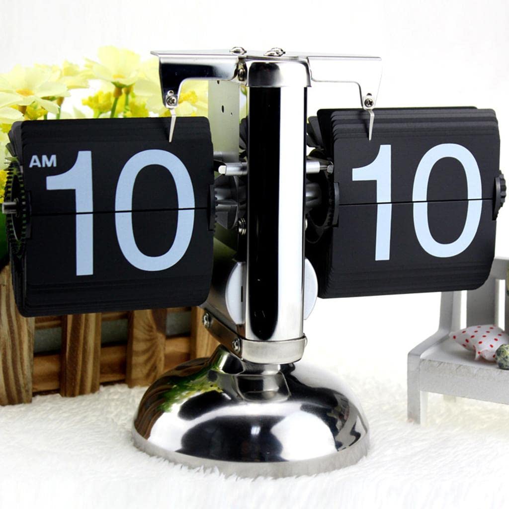 ?????? Vintage Modern Flip Down Clock Single/Dual Stand Stainless Steel Desk Table Internal Gear Operated Clock Housewarming Gifts, Single Stand Black, 8x21x16cm