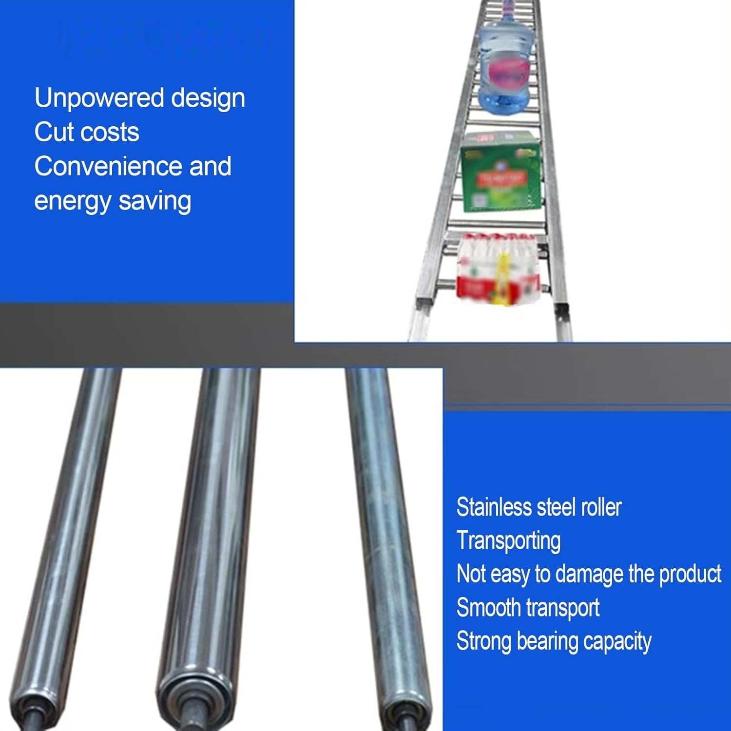 Leichte Rollenbahn – Antriebsloses Gleitsystem für Lagerhallen, Supermärkte, Flughäfen und Häfen – Robuste Ausführung, 30 cm x 120 cm, silberfarben – Ideal für Materialtransport und Logistik