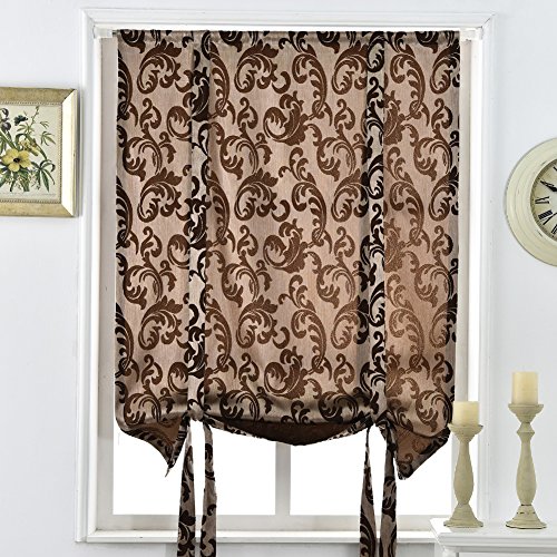 Napearl Jacquard Tie Up Curtains For Kitchen, Ajustable Balloon Shades For Windows, Fabric Semi-Blackout Valance Curtains For Bathroom Small Window, 1 Panel ( 42W X 63L, Brown ) #TOP1