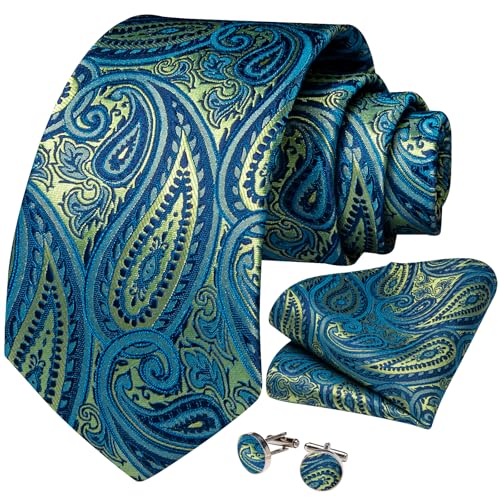 Image of DiBanGu Mens Paisley Tie Set Silk Woven Jacquard Necktie and Pocket Square Cufflinks Gift Set for Wedding Bussiness