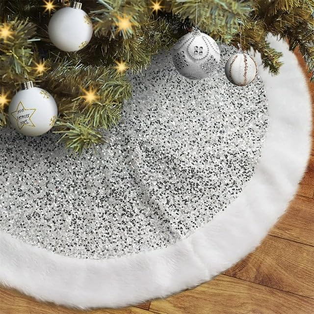 Buy PartyToko Christmas Tree Skirt with Sequin Faux Fur Tree Skirt for Christmas Decorations