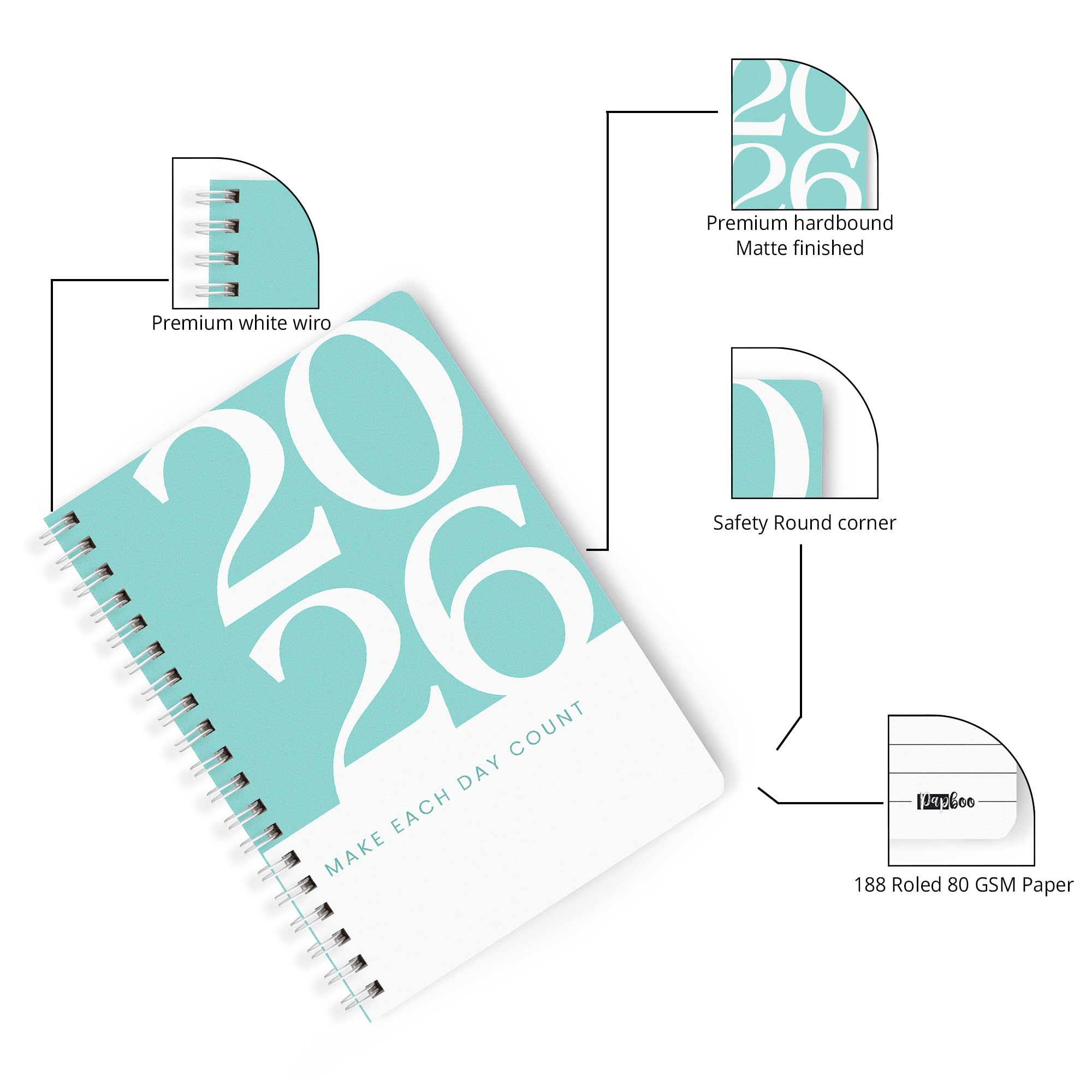 Papboo Agenda 2025 A5, pratica, copertina rigida, con calendario, facile da trasportare, con spirale bianca, 80 g/m², a righe, 188 pagine, diario, regalo (Tiffany)