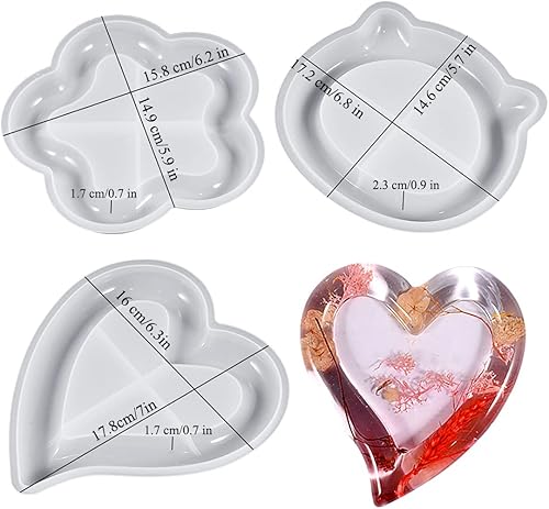 Miniatura 5 de Voyyphixa 3 moldes de bandeja de resina, posavasos de silicona con forma de corazón para resina epoxi, forma de gatoflor para fundición de resina