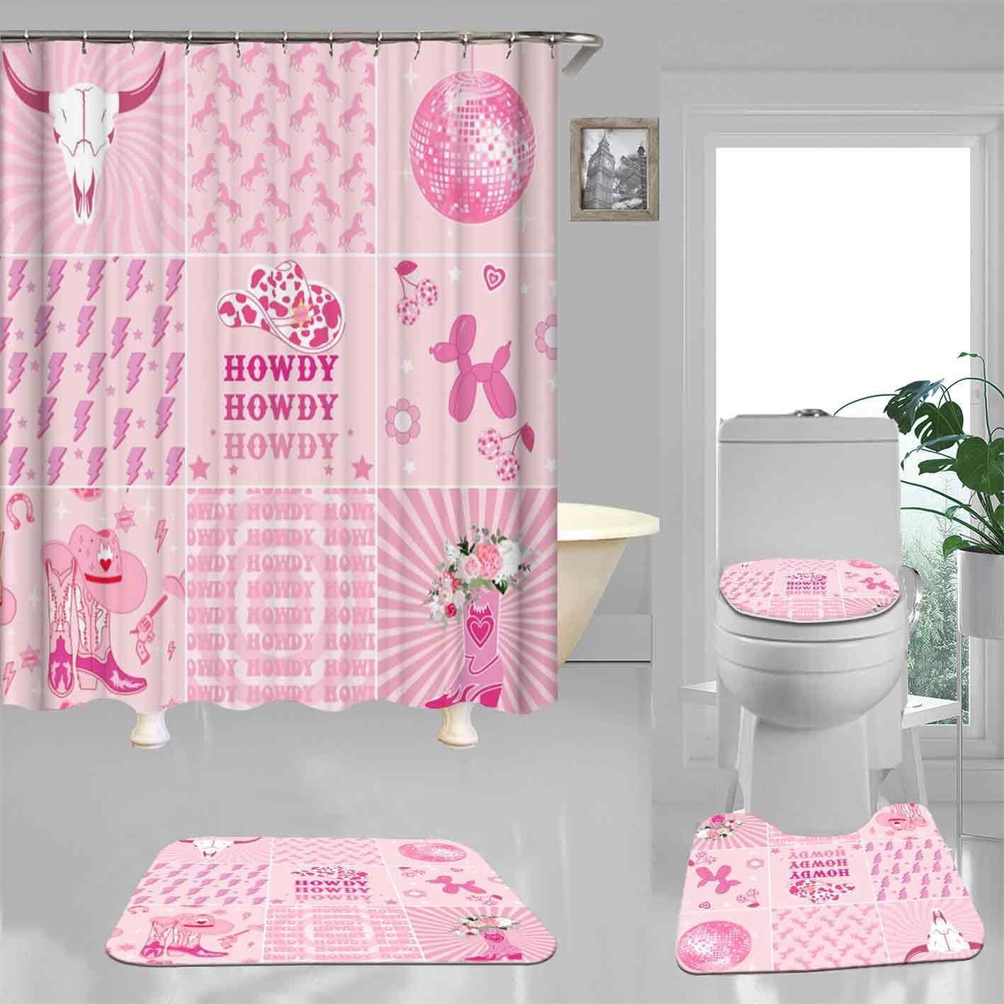 4PCS Western Cowgirl Shower Curtain Sets with Rugs, Preppy Shower Curtain Waterproof Fabric Pink Shower Curtain, Howdy Disco Bull Skull Cowboy Hat Boots Aesthetic Teen Girls Bathroom Decor