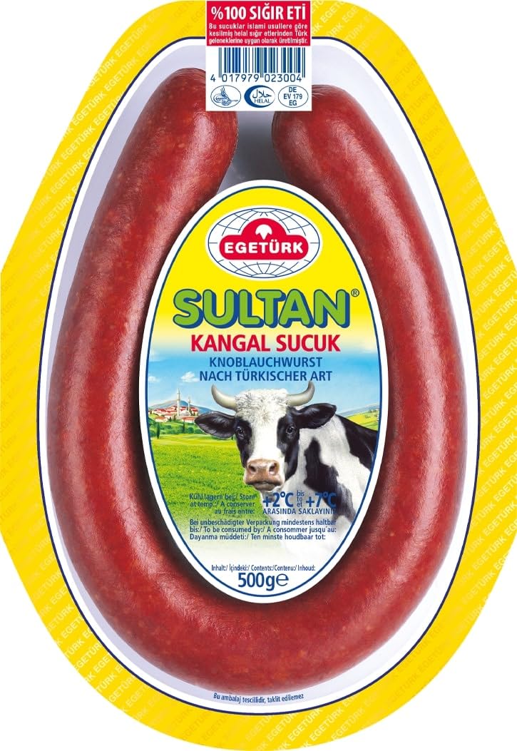 Egetürk Sultan Kangal Sucuk – 12x 500g - Halal Knoblauchwurst aus 100% Rindfleisch, traditionell luftgetrocknet – Ideal für Sucuk-Baguette, Menemen, Pizza und Rührei