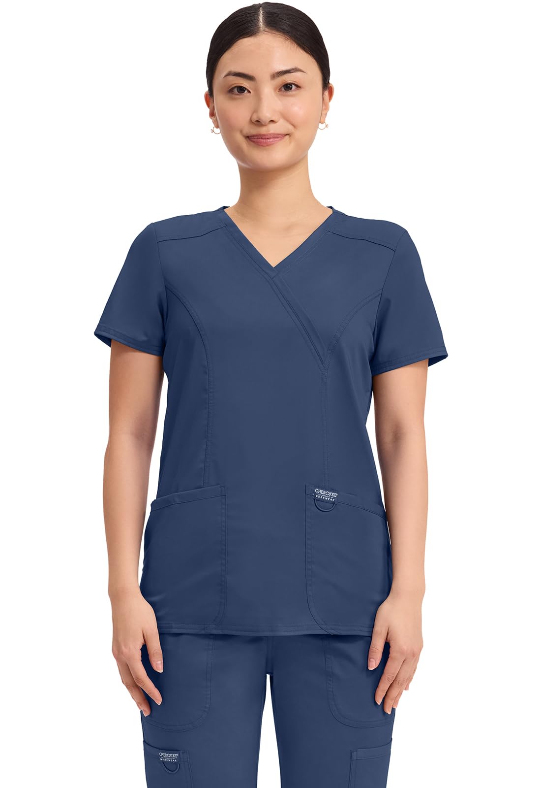 Cherokee Scrubs Top for Women Mock Wrap with 3 Pockets, Soft, 2-Way Stretch & Durable Fabric - WW610