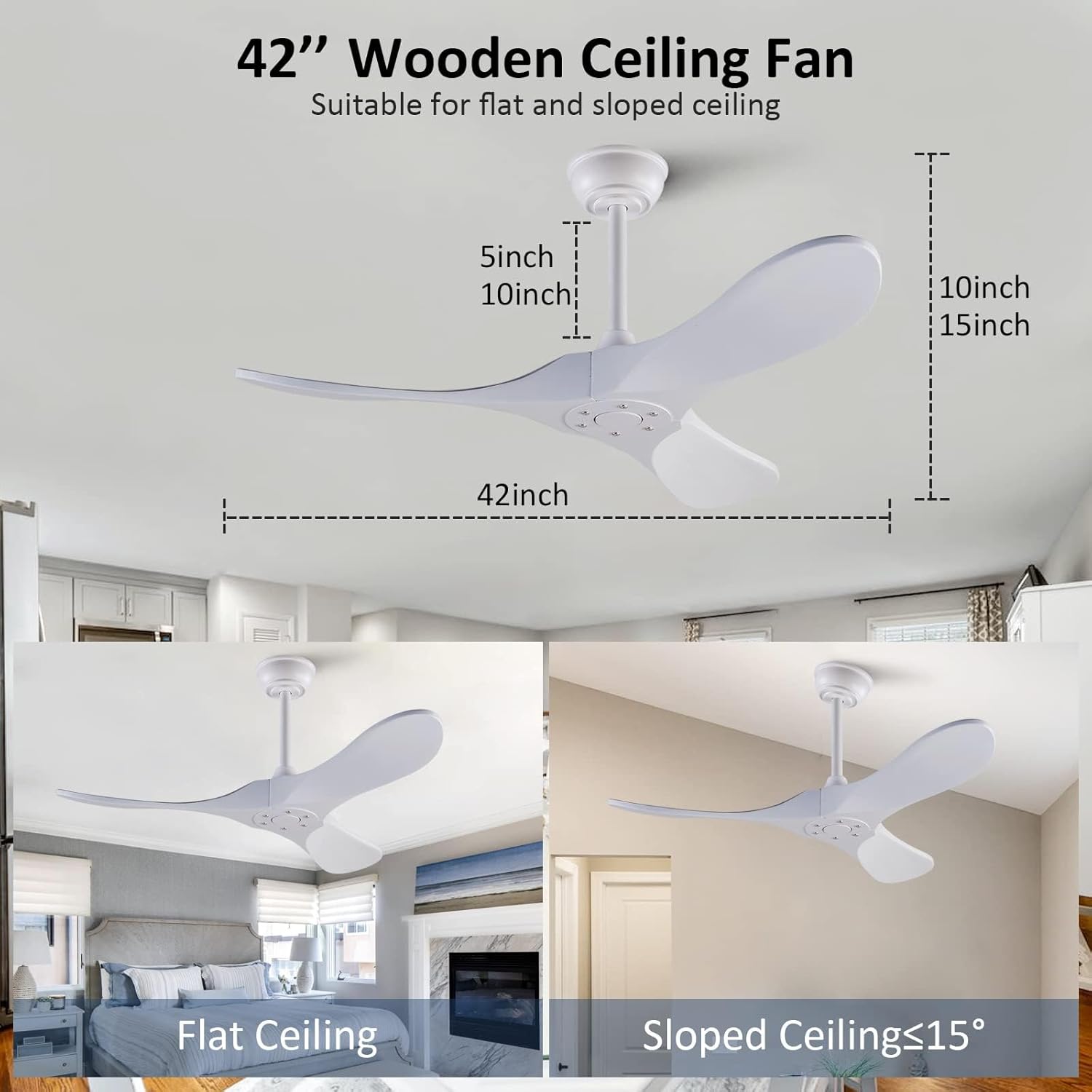 KBZZ 42 Inch Wood Ceiling Fans without Lights, Modern White Ceiling Fan no Light,Reversible DC Motor, 6 Speeds, Noiseless, White Ceiling Fan with Remote Control for Indoor/Outdoor Patio Bedroom White 42 inch