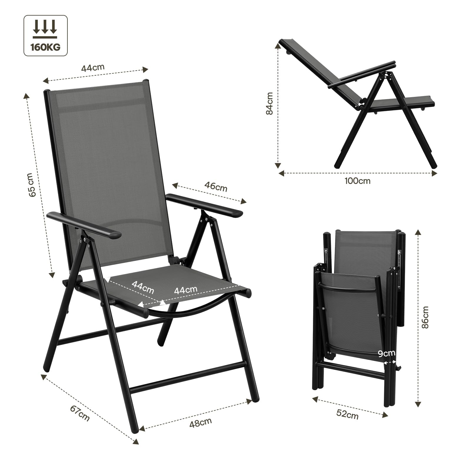 eSituro Set di 2 Sedie da Giardino Pieghevoli, Schienale Regolabile a 7 Livelli, Sedia Pieghevole in Metallo, Resistente Alle Intemperie, Portata 150 Kg, per Giardino Balcone Terrazza, Nero Grigio
