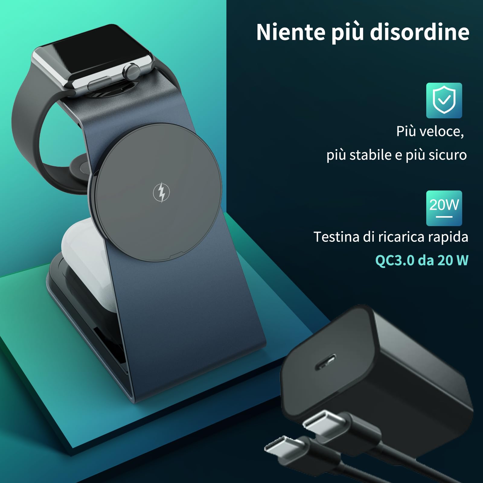 Ossky Caricabatterie wireless magnetico, Caricatore wireless 3 in 1, Ricarica wireless magnetica veloce da 15 W per i-Phon serie 14/13/12, serie i-Watc, Air-po-s 3/2/pro