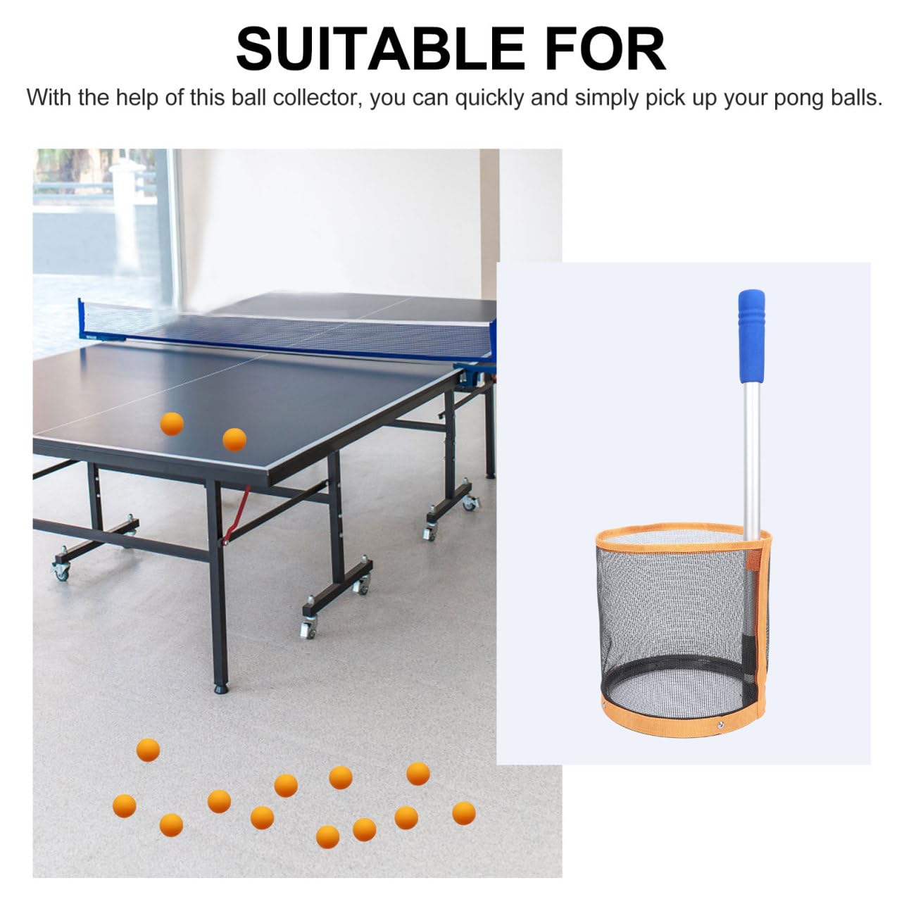 Raccoglitore Palline Ping Pong Regolabile Portatile in Metallo e Nylon | 1 Pezzo, Arancia, per Allenamento Ping Pong, Capienza Pratica e Struttura