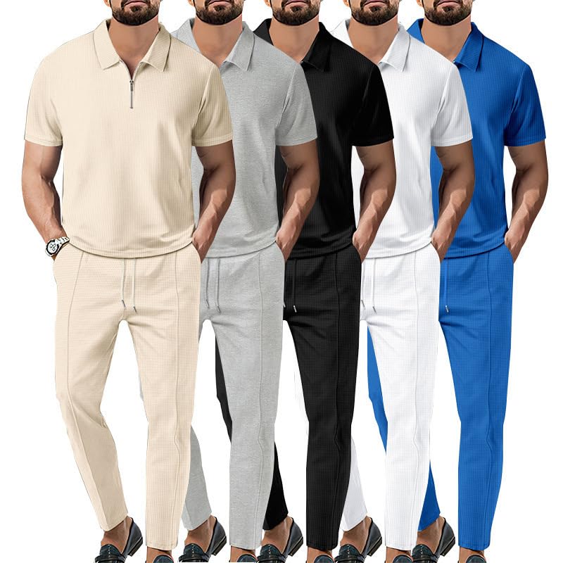 Men's Solid Color Suit Waffle Lapel Short-Sleeved Zipper Long Pants Set,Mens Tracksuit Polo Shirt & Long Pants Set2