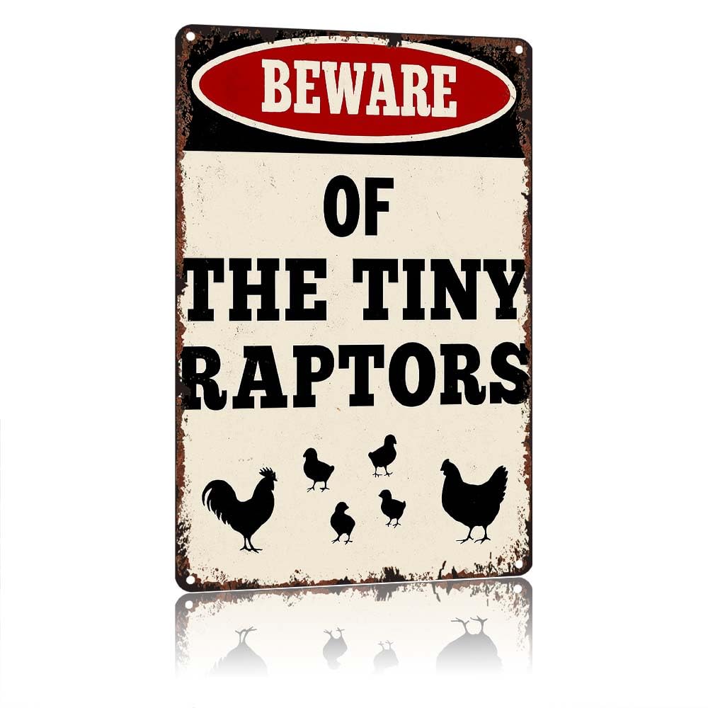 peiyeety Beware Of The Tiny Raptors Funny Chicken Decor, Vintage 12X8in Aluminum Metal Tin Sign, Retro Farmhouse Wall Decor For Chicken Coop Garden Outdoor Farm Decoration Man Cave Garage Bar Decor