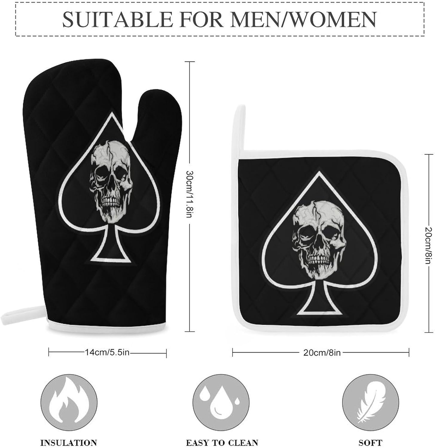 Skull Aces of Spades Print Oven Mitts and Pot Holders 3 Piece Sets Heat Resistant Gloves Hot Pads Potholders for Kitchen Baking Cooking
