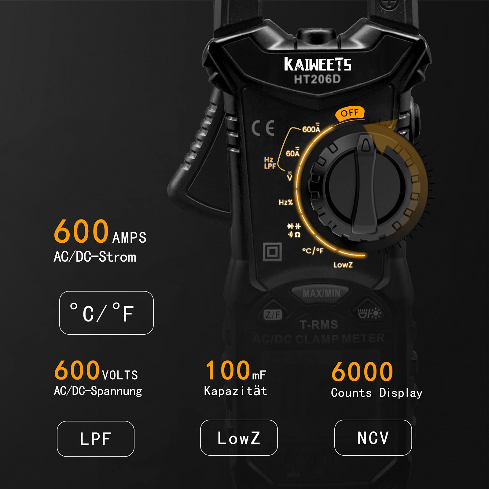 KAIWEETS HT206D Stromzange, Strommessgerät DC/AC Strom: 0-600A, Zangenmultimeter True-RMS 6000 Counts Auto-Ranging, misst Spannung Kapazität Durchgang (AC/DC-Strom)