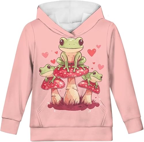 Xhuibop Kids Sweatshirts and Hooded with Pocket Girls Pullover Top Boys Sportwear Hoodies(Frog Mushroom,14-16 Years)