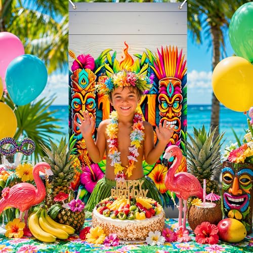 Image of BissYard Tiki Bar Door Cover 71 x 35 Inches Hawaiian Luau Door Banner Tropical Tiki Mask Pineapple Hibiscus Summer Party Front Door Decoration Indoor Outdoor Porch Island Theme Decor