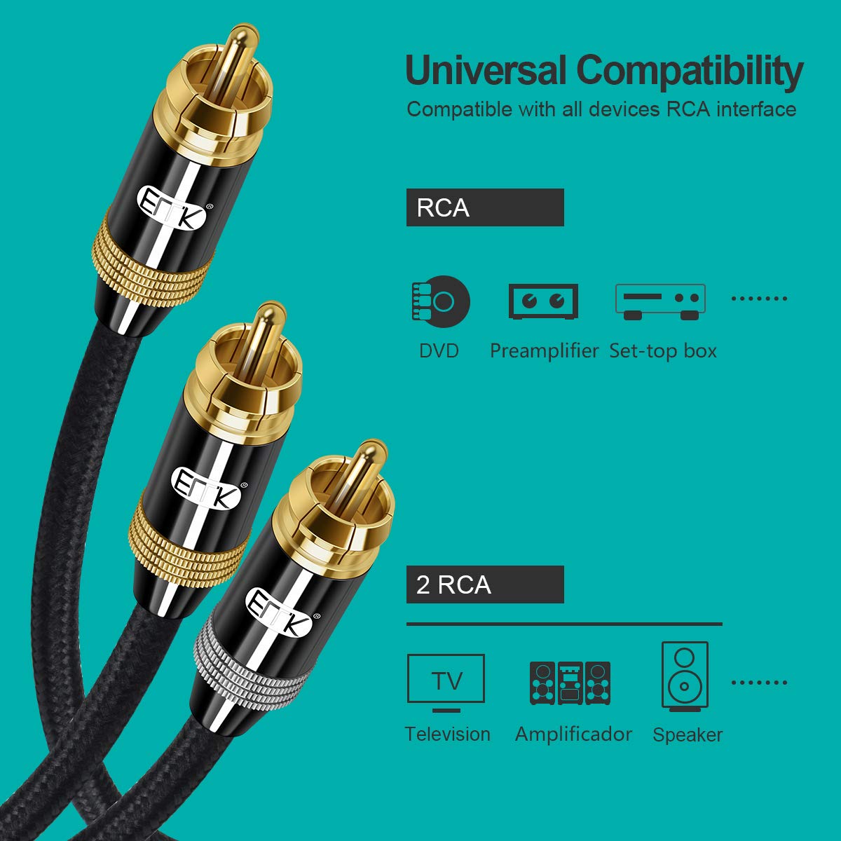 EMK Cavo audio stereo adattatore RCA Y, cavo audio subwoofer/coassiale eccellente qualità del suono per connettori placcati oro (2 m, RCA maschio a 2 RCA maschio cavo audio, nero)