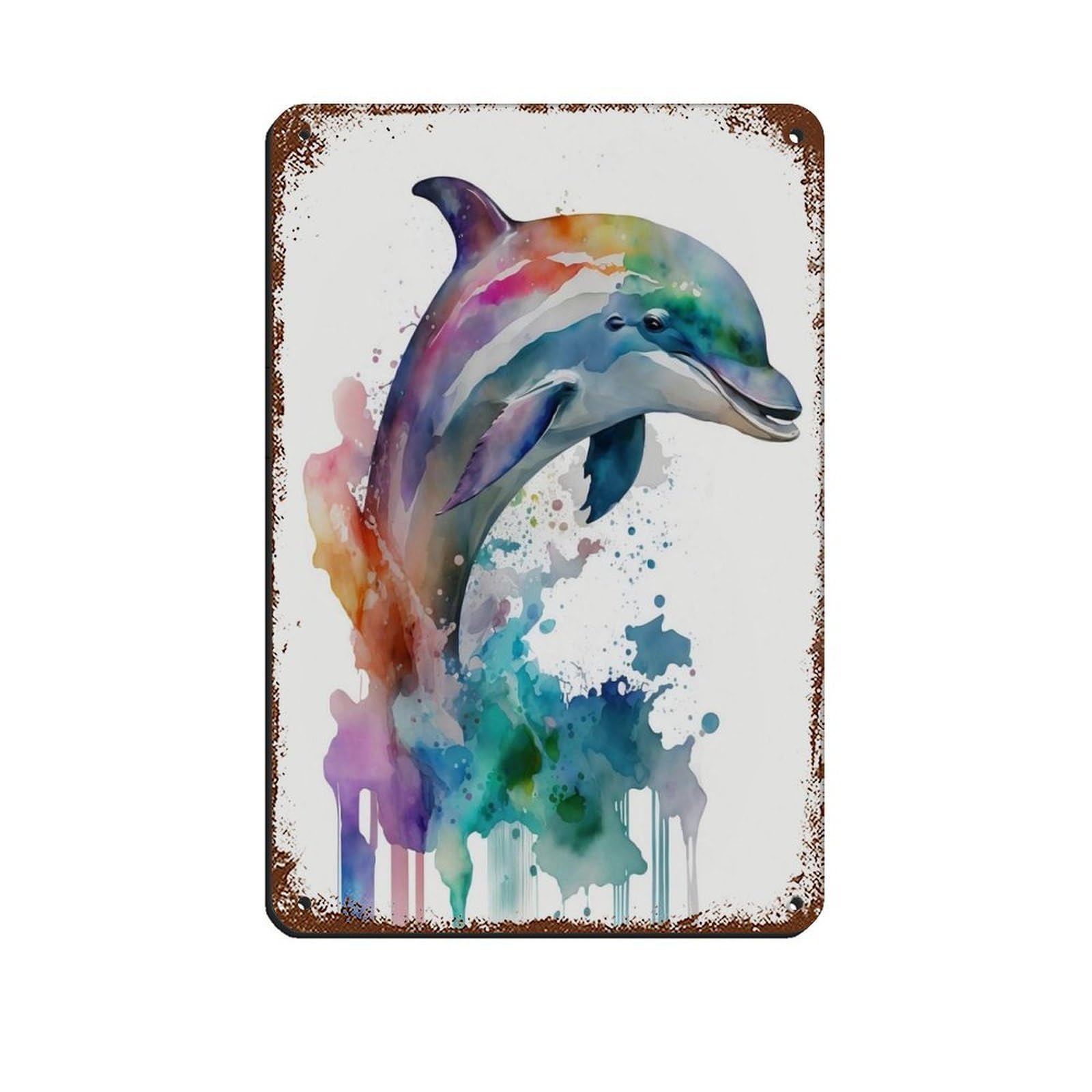 Lxwnze 20L X 30W Cm Watercolor Dolphin, Animal Painting Colorful Poster Retro Poster Metal Tin Sign Chic Art Retro Iron Painting Bar People Cave Cafe Family Garage Poster Wall Decoration 8X12inch(20X30cm)
