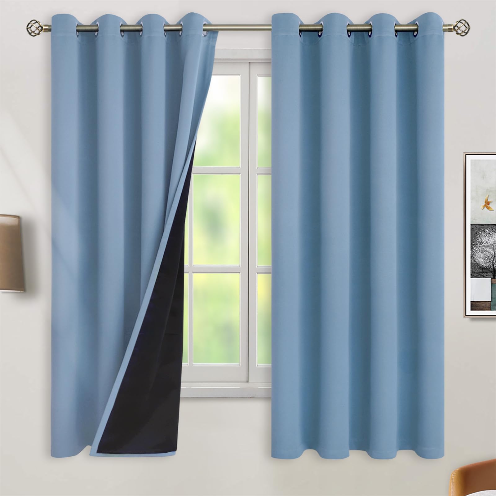 BGment Thermal Insulated 100% Blackout Curtains for Bedroom with Black Liner, Double Layer Full Room Darkening Noise Reducing Grommet Curtain (52 x 63 Inch, Denim Blue, 2 Panels)