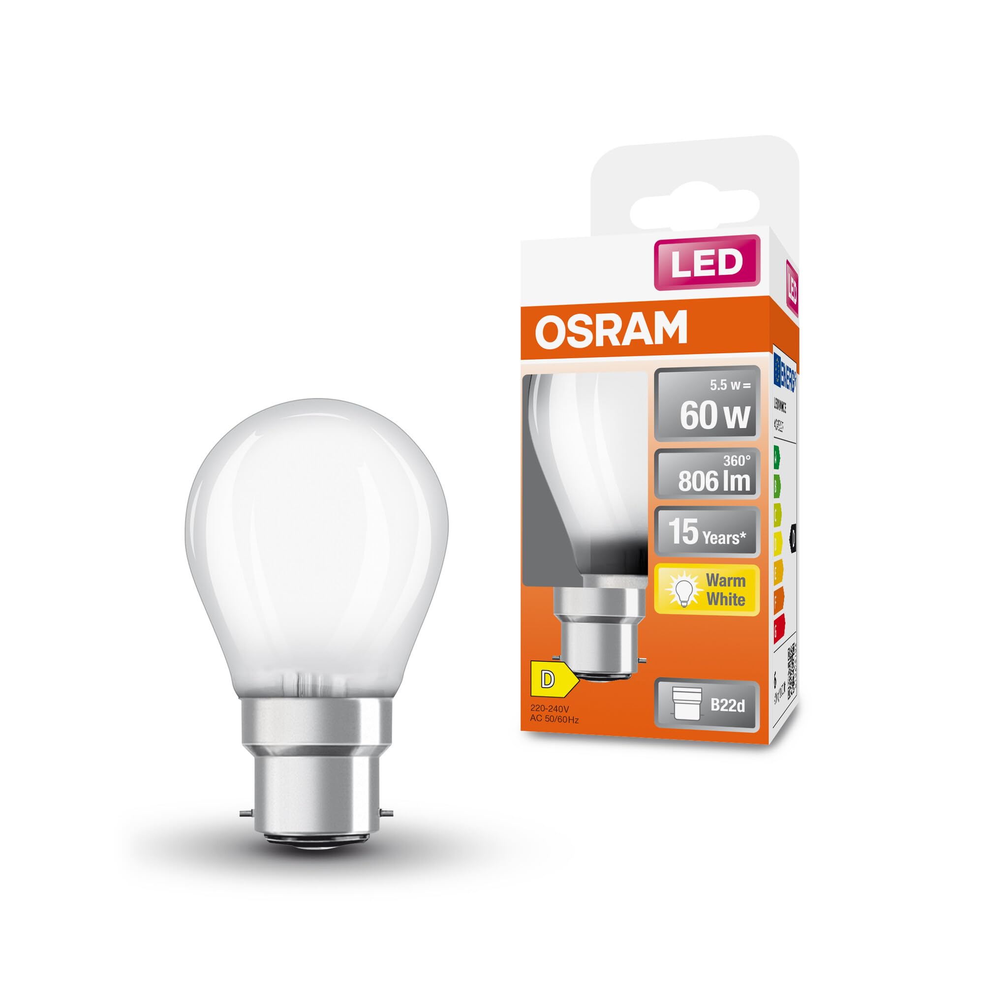 OSRAM Led Star Classic P60 Led Lamp for B22D Base, Drop Shape, Matt Glass, 806 Lumens, Warm White (2700K), Replacement for Conventional 60W Light Bulbs, Not Dimmable, 1-Pack
