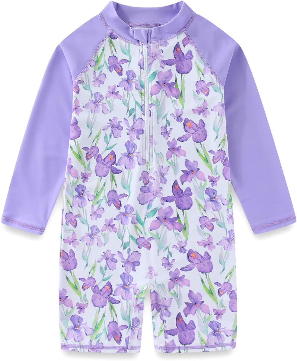 Girls Floral Long Sleeve Rash Guard One Piece Swimsuit UV Protection Bathing Suit for 3-12 Years