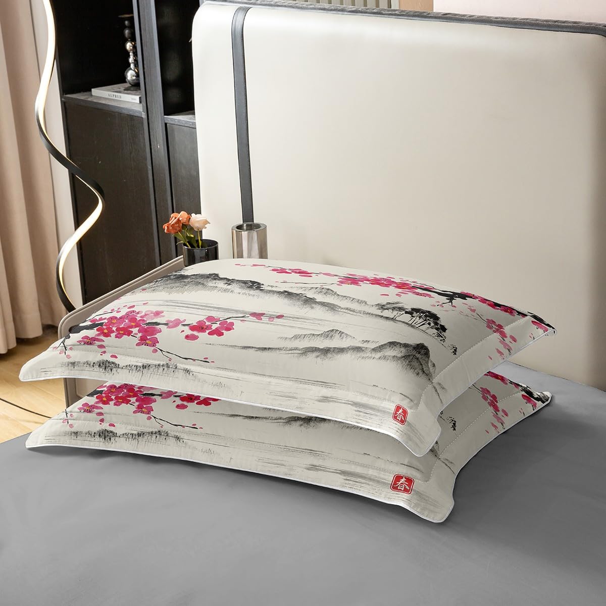 Loussiesd Japanischer Stil 100% Baumwolle Bettwäsche Set,Japanische Ukiyoe Bettwäsche-Set Zimmer Dekor,Weich Sakura Blume Traditionelles Retro Thema Rosa Dekorative Bettwäsche 135x200cm