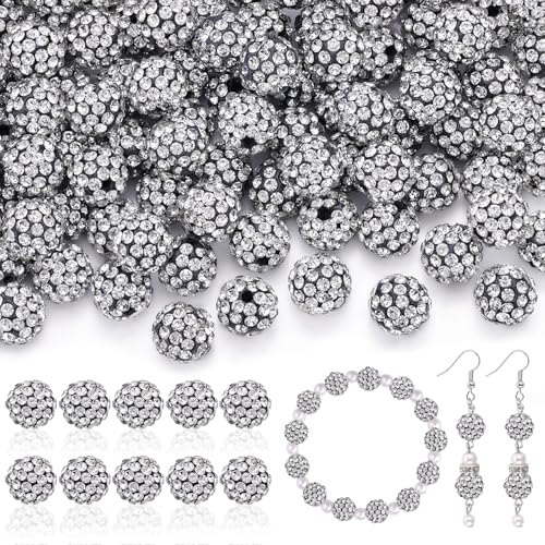 200pcs 10mm Rhinestone Beads for Jewelry Making, Black White Shiny Round Disco Ball Beads Bulk, Sparkle Crystal Clay Christmas for Bracelet Baseball Necklace Earring Crafting and DIY