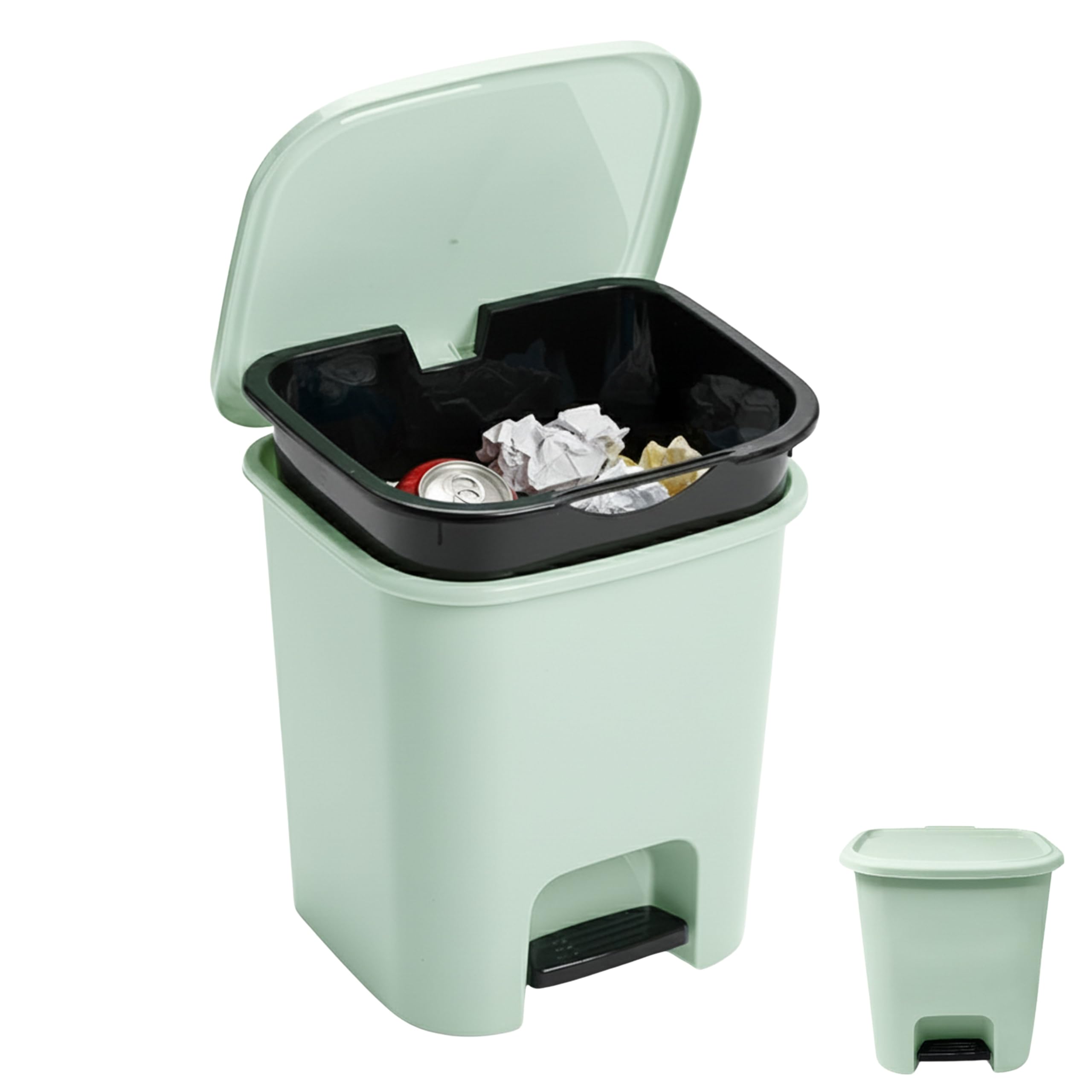 plastific Foot Pedal Bin Dustbin Rubbish Paper Waste Kitchen Office Plastic Bins (Mint Green with Removable Inner Bucket, 7.5L)