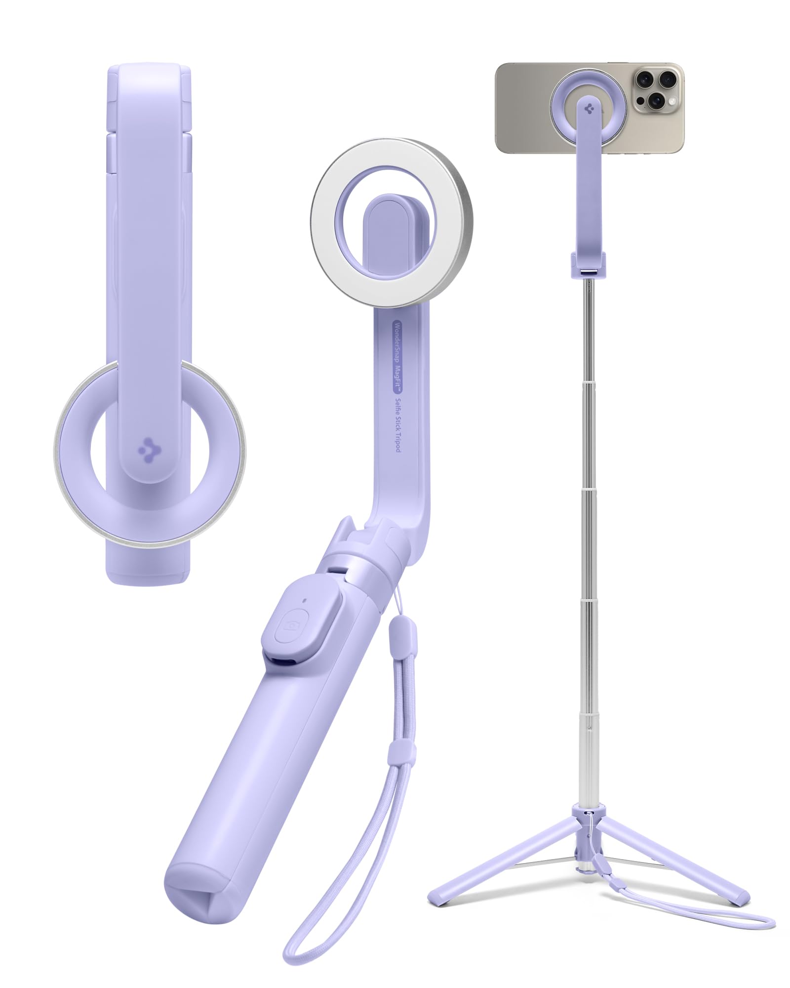 Spigen MagSafe Selfie Stick Stativ [Wondersnap] [MagFit-Technologie & Bluetooth-Fernbedienung] Tripod kompatibel mit iPhone 16/15/14/13 Serien, Galaxy S25/S24/S23 und Allen Smartphones - Lavender