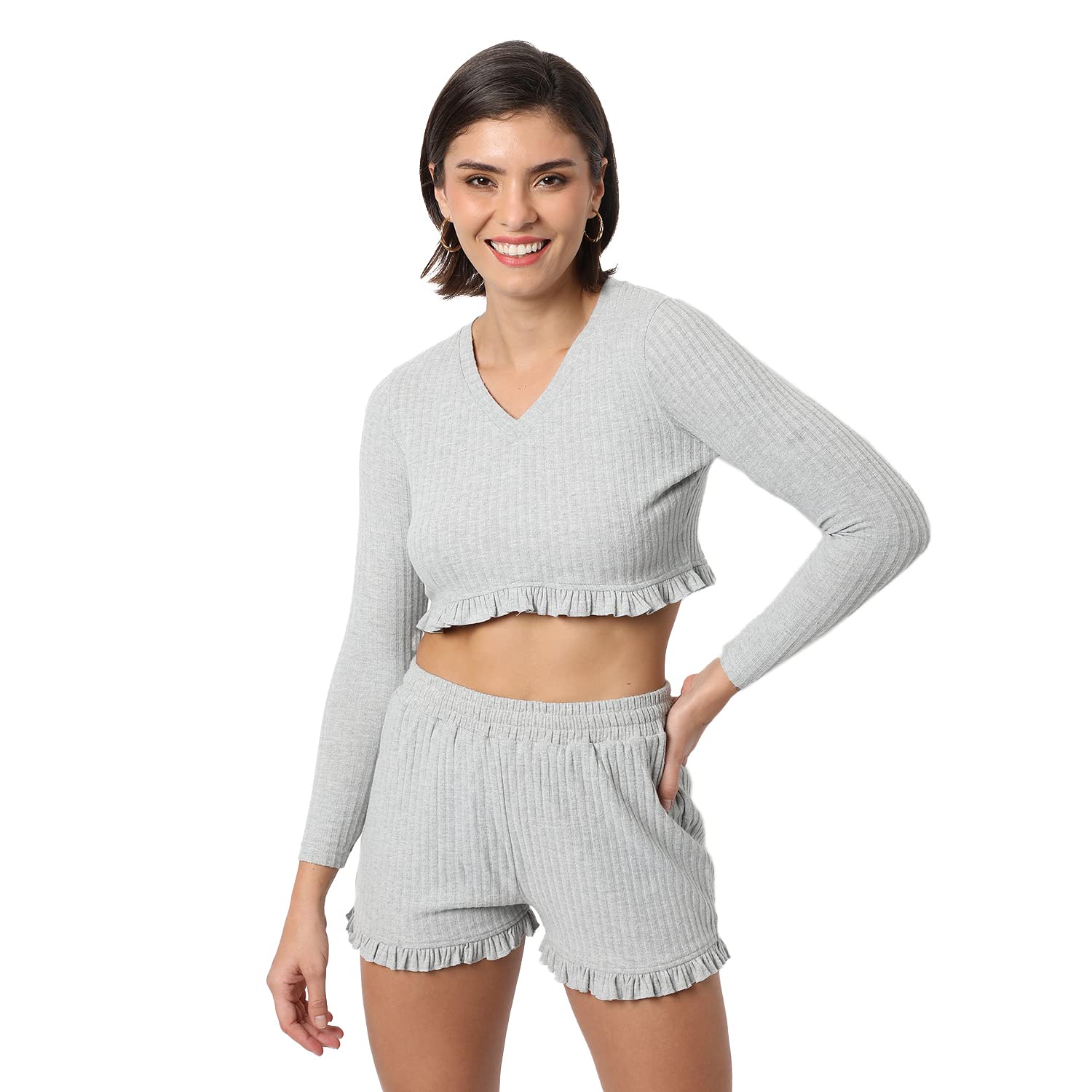 Campus Sutra Women's Light Grey Regular Fit Cropped Co-Ords For Winter Wear | Full Sleeve | Shorts | Ribbed Co-Ords | Casual Co-Ords For Woman | Stylish Co-Ords For Women