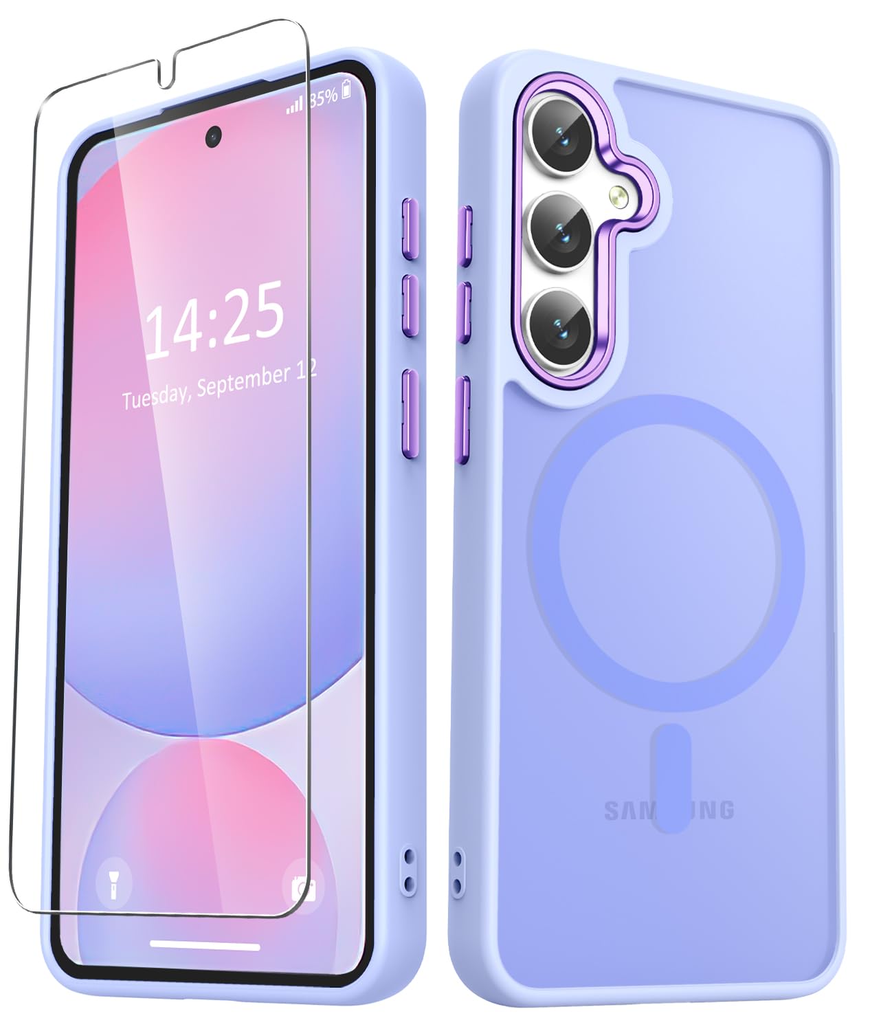 for Samsung Galaxy S25 FE Case, Matte Magnetic Case, Lavender Purple | Fit for Magsafe, Screen Protector Included, Translucent Frosted Slim Shockproof Protective Phone Cover