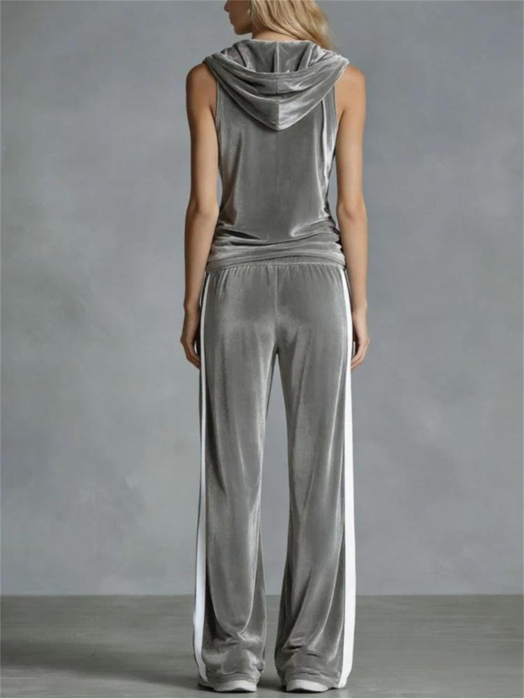 Women Summer Casual Two Piece Set Sleeveless Hooded Top Long Pants Color Block Fleece Tracksuit