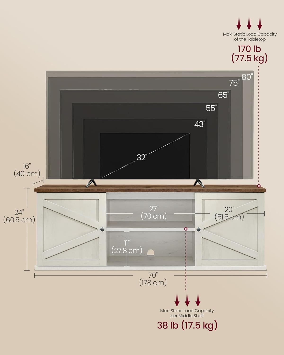 Diagram showing dimensions and weight capacities of the TV stand