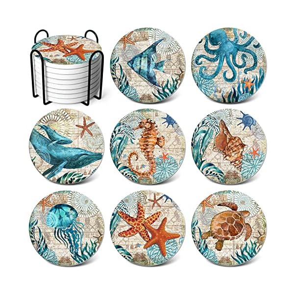 Absorbent coasters stone coaster set of 8 cork base with holder raypard beach theme sea life coastal coasters for housewarming apartment kitchen room bar decorocean lifeblack holder  urban country home decor