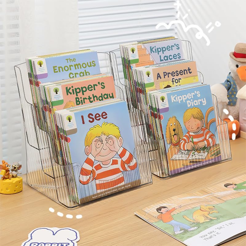 TOYBY Acrylic Desktop Bookshelf For Children's Books, Montessori Bookshelf - Book Display Shelf for Toddler, 3 tier Kids Book Rack Storage Bookshelf Display Stand, Brochure Holder, 2 Pack(9.4"x11"）
