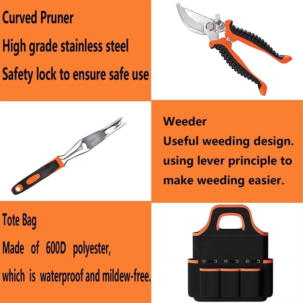 Set di attrezzi da giardino, 8 pezzi, kit di attrezzi da giardino resistente, con utensili manuali per esterni, guanti da giardino e borsa portaoggetti, attrezzi da giardinaggio, regalo per donne e