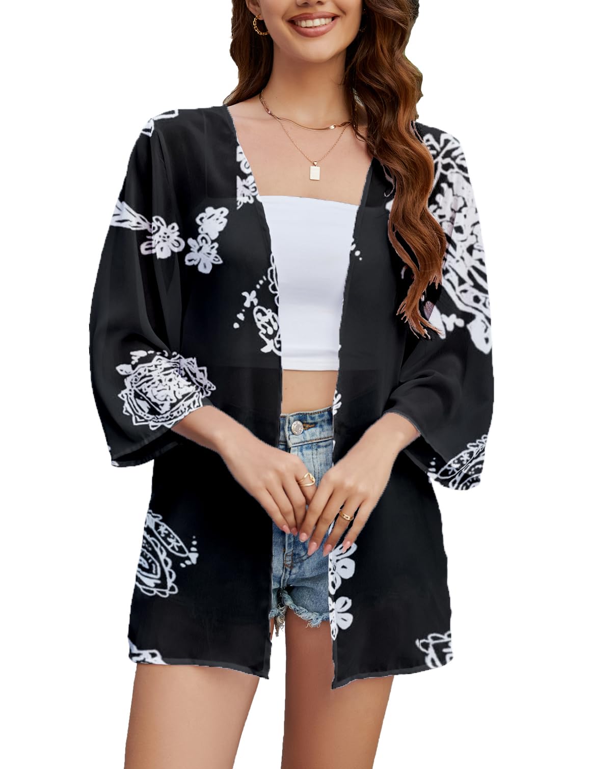 Hey Joo Women's Sheer Chiffon Kimono Cardigan Open Front Loose Fit Swimsuit Cover Up Shawl Capes M