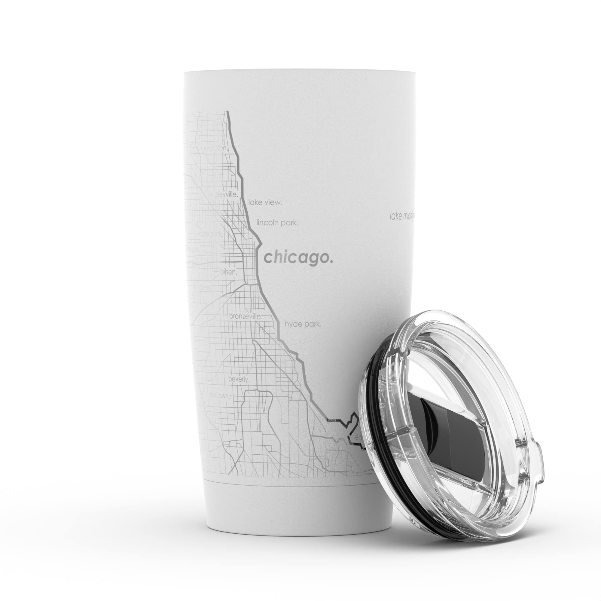 Well Told Engraved Chicago Illinois Map Insulated Coffee Tumbler Etched Stainless Steel Mug 20 oz White City Map