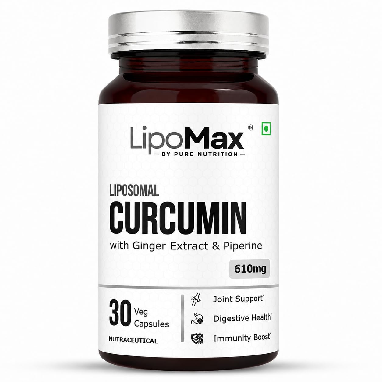 LipoMax Liposomal Curcumin Supplement 610mg | Turmeric Curcumin Capsules With Ginger Extract & Piperine For Joint Health, Antioxidant & Immunity Support - 30 Veg Capsules