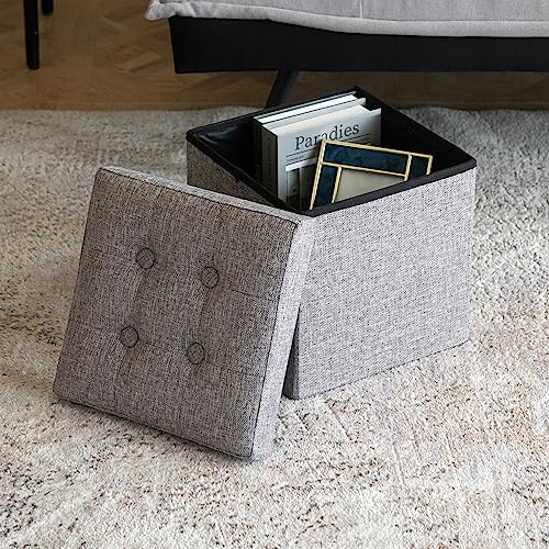 Oak & Tea Foldable Ottoman Storage Seat, Folding Foot stool with storage, Shoes Changing Stool, Foot Rest Storage Boxes with Lid, for Bedroom Living Room, Brownish Grey 30x30x30cm