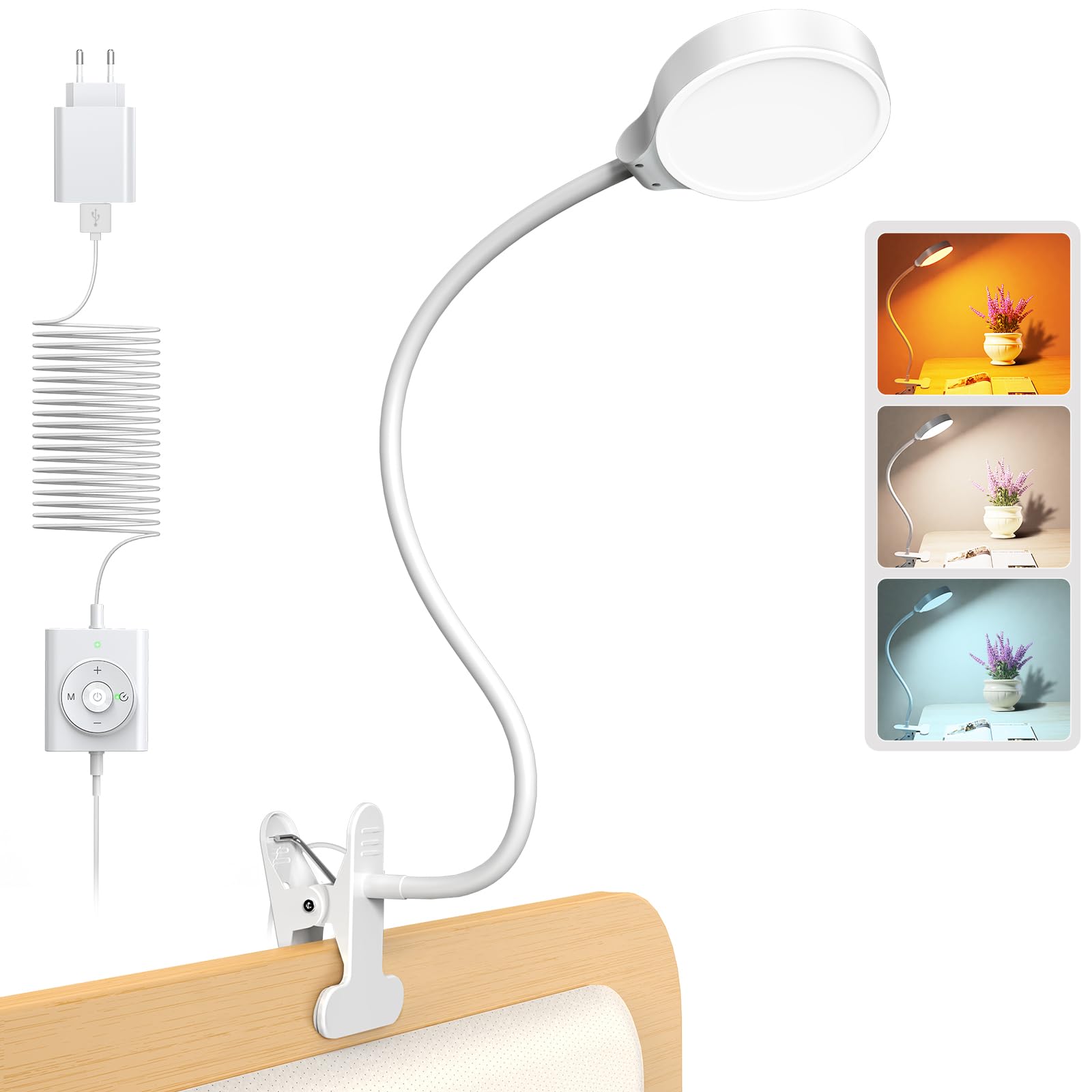 Glocusent 5 W Lampara Pinza Cabecero Cama, 36 LED Lampara Lectura Pinza, 3 Colores & 5 Niveles de Brillo, USB Lámpara de Escritorio con Cuello de Cisne, Luz Lectura para Cama/Escritorio/Cabecero